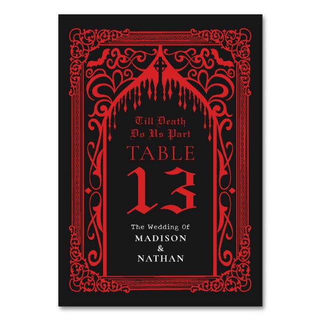 Tarjeta De Mesa Boda de la Catedral de Vampiros Góticos Rojos (Reverso)
