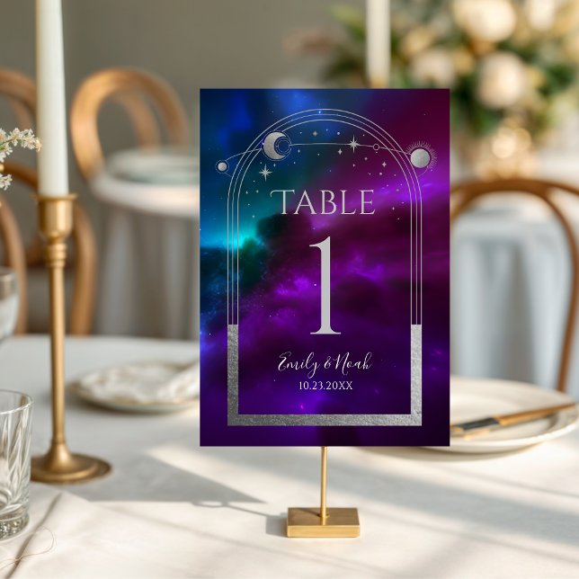 Tarjeta De Mesa Boda de la luna dorada Verde azulada púrpura cósmi (Subido por el creador)