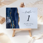 Tarjeta De Mesa Boda de la Marina Blue Gold Agate Pastel<br><div class="desc">El borde izquierdo de esta elegante y moderna tarjeta boda número de mesa cuenta con un borde de batida color azul marino recortado con un falso purpurina de oro. El texto del personalizable combina la escritura a mano azul marino, las fuentes cursiva y de copperplate en un fondo azul pastel....</div>