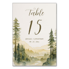 Tarjeta De Mesa Boda de la montaña acuática del bosque de pinos