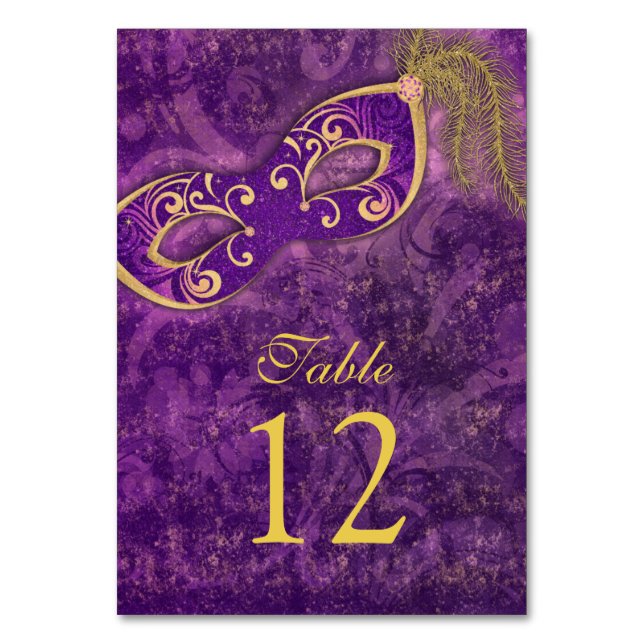 Tarjeta De Mesa Boda de la pelota de oro morado Mardi Gras (Anverso)