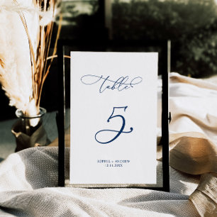 Tarjeta De Mesa Boda de la tabla 5 de caligrafía elegante azul de 