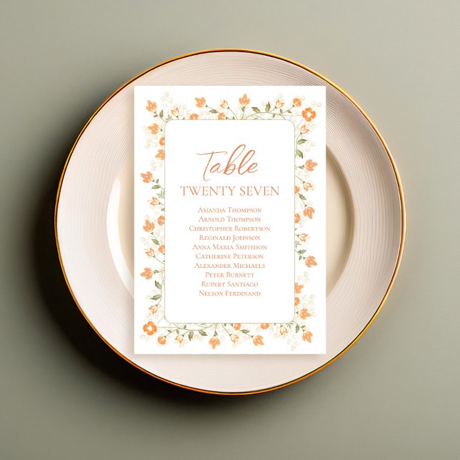 Tarjeta De Mesa Boda de la tabla Número de Personalizado Floral (Wedding peach floral table number with calligraphy script.)