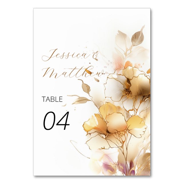 Tarjeta De Mesa Boda de las flores blancas y doradas (Anverso)
