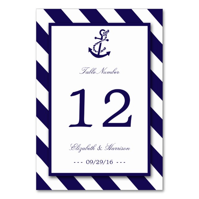 Tarjeta De Mesa Boda de las franjas náuticas y de los anclas azule (Anverso)