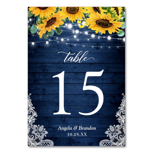 Tarjeta De Mesa Boda de las luces de cadena Navy Blue Rustic Sunfl (Anverso)