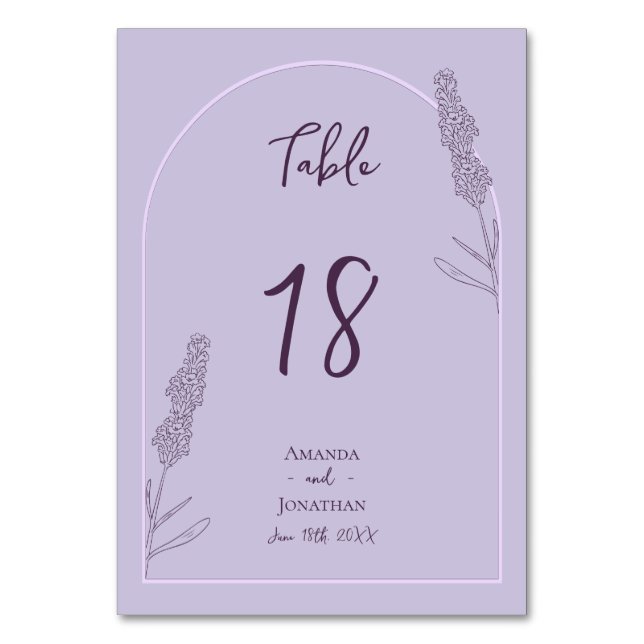 Tarjeta De Mesa Boda de lavanda elegante y simple (Anverso)