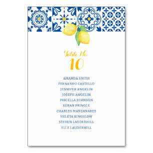 Tarjeta De Mesa Boda de Lemones Amarillos Azules y Azules Mediterr