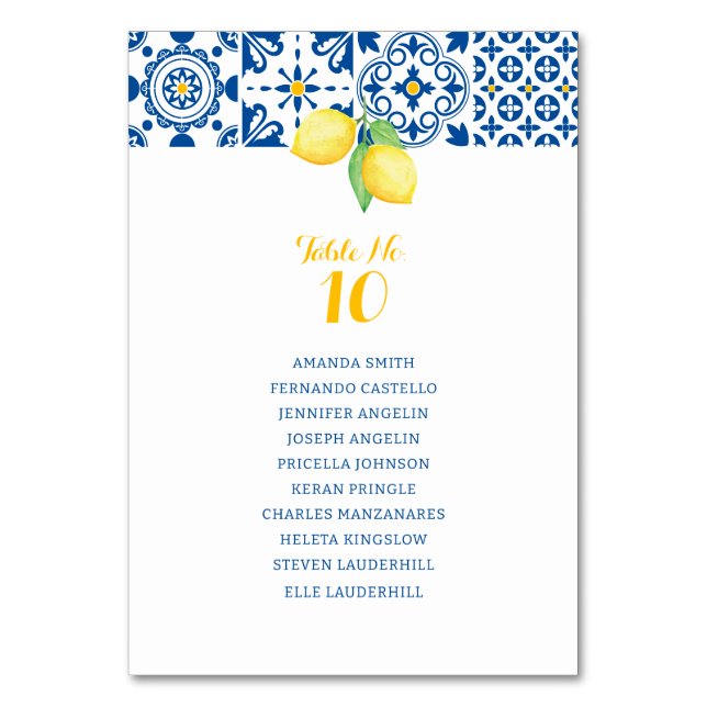 Tarjeta De Mesa Boda de Lemones Amarillos Azules y Azules Mediterr (Anverso)