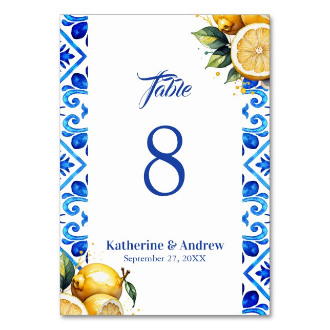 Tarjeta De Mesa Boda de limón italiano de mosaico mediterráneo (Reverso)
