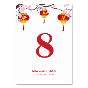 Tarjeta De Mesa Boda de Linterna China y Flor de Cerezo
