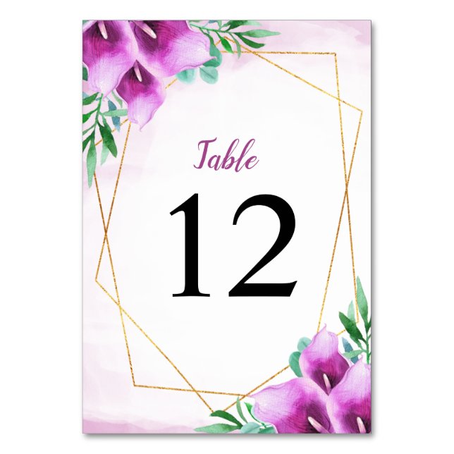 Tarjeta De Mesa Boda de Lirio Geométrico Morado Calla (Anverso)