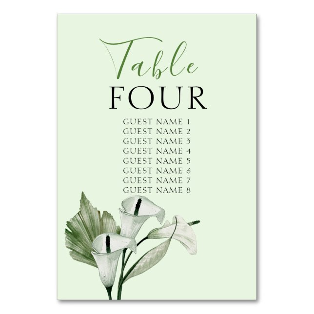 Tarjeta De Mesa Boda de Lirios de Calla Blancos Elegantes Modernos (Reverso)