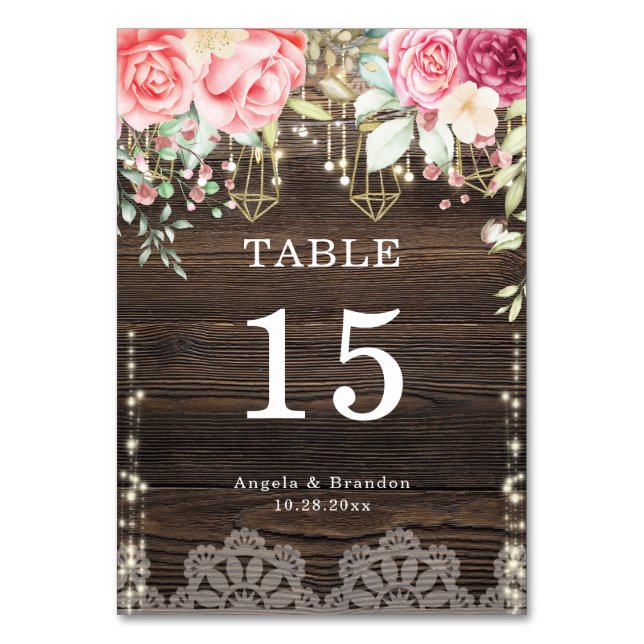 Tarjeta De Mesa Boda de luces de cuerda floral de madera de estilo (Anverso)