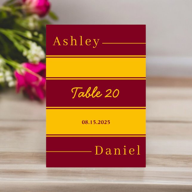 Tarjeta De Mesa Boda de Lujo Burgundy y Dorado con Rayas Elegantes (Subido por el creador)