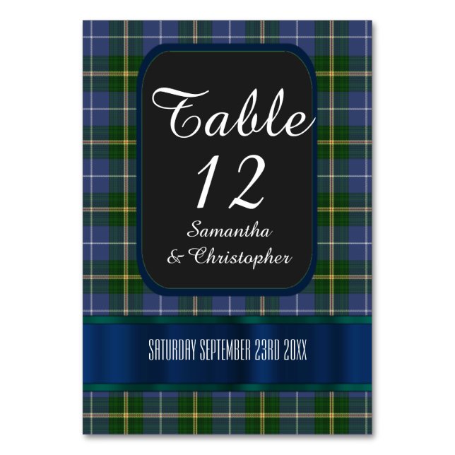 Tarjeta De Mesa Boda de manitas de tartán azul y verde (Anverso)