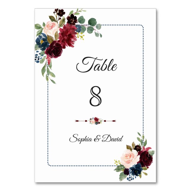 Tarjeta De Mesa Boda de marco con puntos florales azules de la Mar (Anverso)