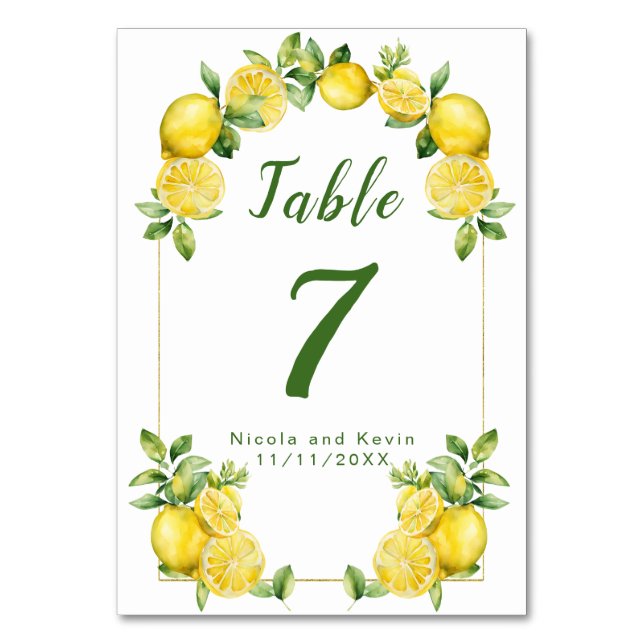 Tarjeta De Mesa Boda de marco de vegetación de limón italiano (Anverso)