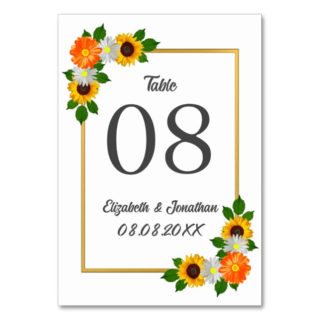 Tarjeta De Mesa Boda de marco dorado floral (Anverso)