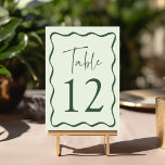 Tarjeta De Mesa Boda de marco ondulado verde moderno<br><div class="desc">Añada un toque elegante a su celebración boda con estas tarjetas de mesa boda Wavy Frame Moderno. El diseño retro muestra "Tabla" en un guión verde manuscrito con el número de tabla que se muestra a continuación. Un borde ondulado verde rodea el número de la tabla, contrastando con un fondo...</div>