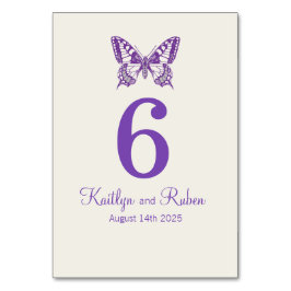 Tarjeta De Mesa Boda de mariposas gráficas nombre fecha púrpura