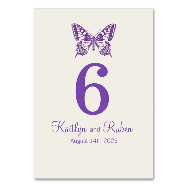 Tarjeta De Mesa Boda de mariposas gráficas nombre fecha púrpura (Anverso)