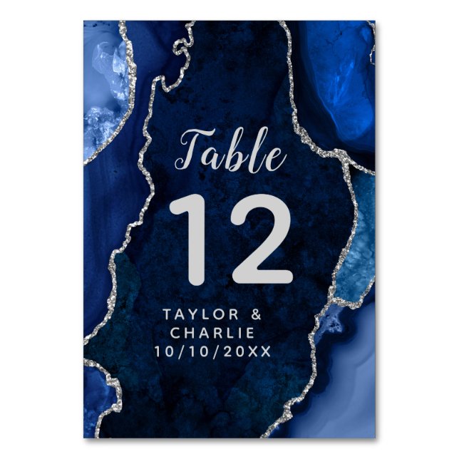 Tarjeta De Mesa Boda de mármol de la Marina y el Plata Agate (Anverso)