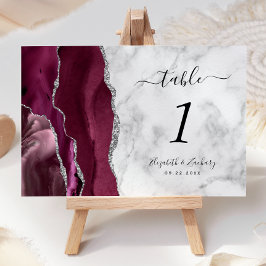 Tarjeta De Mesa Boda de mármol de plata burgundy moderna