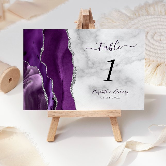 Tarjeta De Mesa Boda de mármol de plata púrpura moderna (Subido por el creador)
