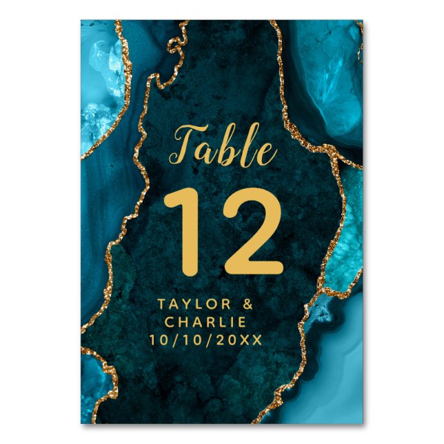 Tarjeta De Mesa Boda de Mármol del Agate verde azulado y Oro (Anverso)