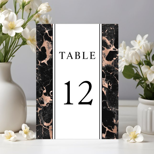 Tarjeta De Mesa Boda de mármol negro con rosa dorado elegante (Elegant Rose Gold Black Marble Wedding Table Number)