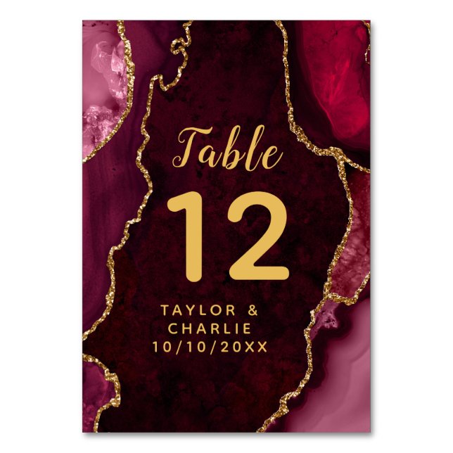 Tarjeta De Mesa Boda de mármol rojo y oro agado (Anverso)