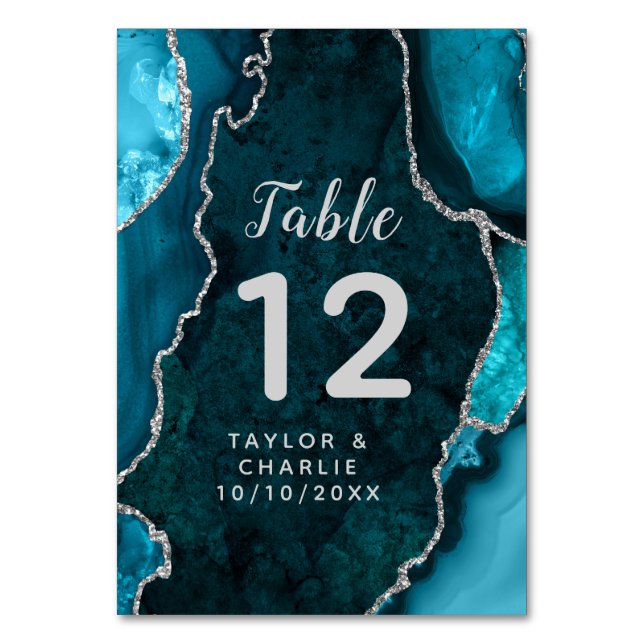 Tarjeta De Mesa Boda de Mármol verde azulado y plateado (Anverso)