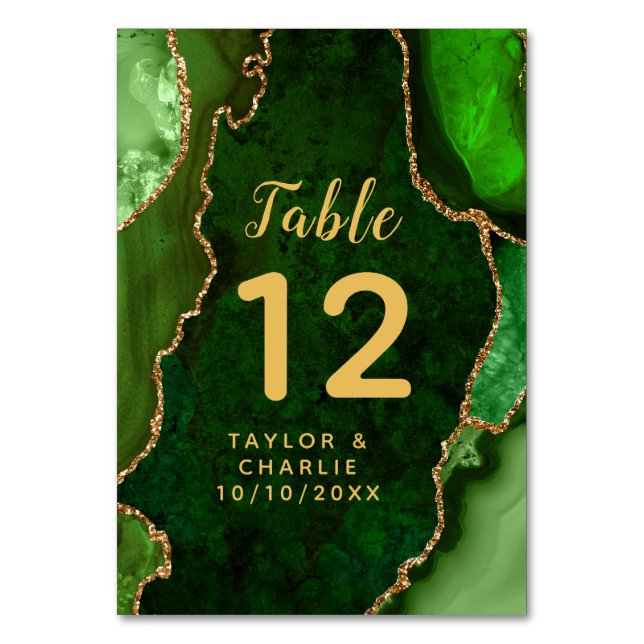 Tarjeta De Mesa Boda de mármol verde y oro (Anverso)