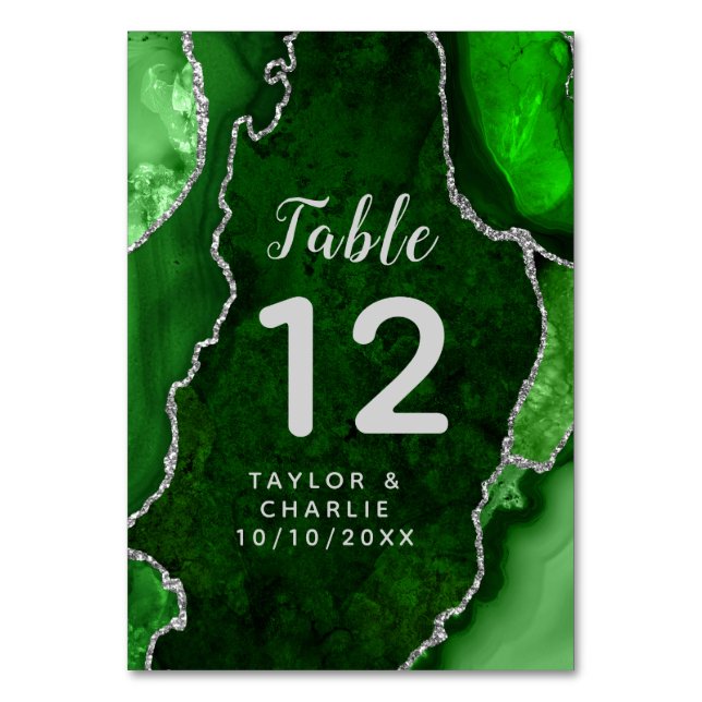 Tarjeta De Mesa Boda de mármol verde y plateado (Anverso)