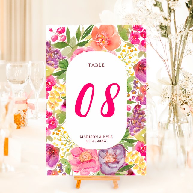 Tarjeta De Mesa Boda de moda de escritura floral brillante bohemia (Bohemian bright floral arch script chic wedding table number)