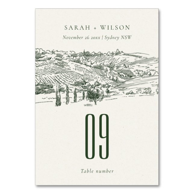 Tarjeta De Mesa Boda de moda Rústica Verde Winery Mountain Sketch (Anverso)