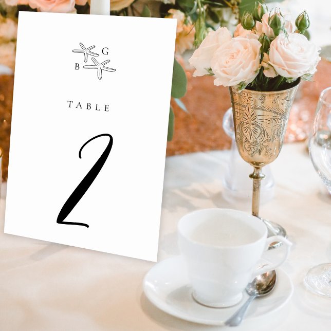 Tarjeta De Mesa Boda de monograma de la playa de Starfish minimali (Minimalist Starfish Beach Monogram Wedding Table Number)