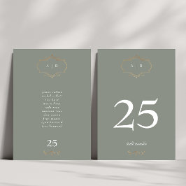 Tarjeta De Mesa boda de monograma de oro verde sage clásico románt