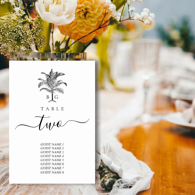 Tarjeta De Mesa Boda de monograma de palmeras tropicales minimalis (Minimalist Tropical Palm Tree Monogram Wedding Table Number)