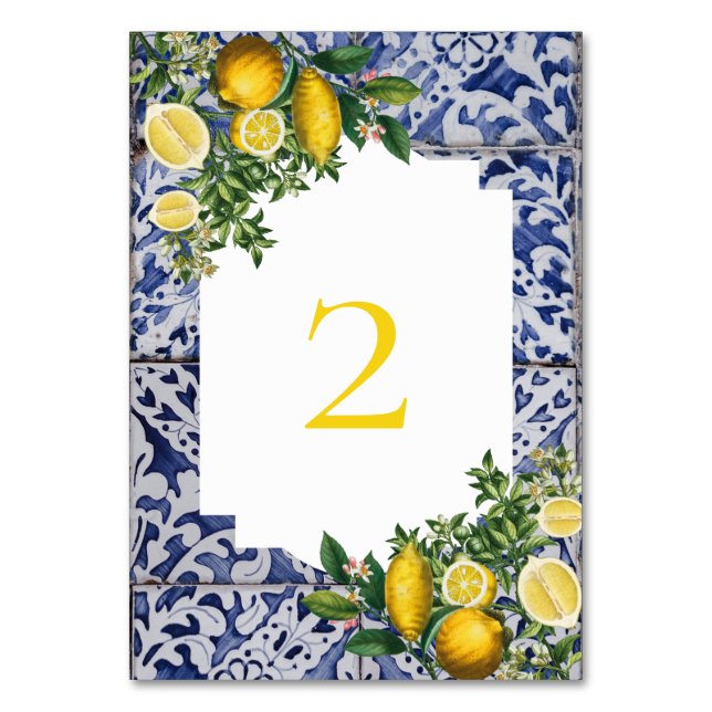 Tarjeta De Mesa Boda de mosaicos portugueses de lemones mediterrán (Anverso)