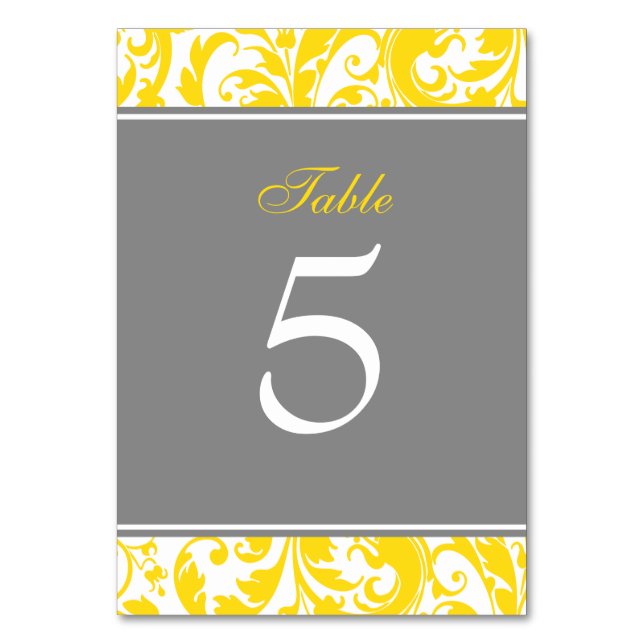 Tarjeta De Mesa Boda de muelles de Damasco amarillo y gris (Anverso)