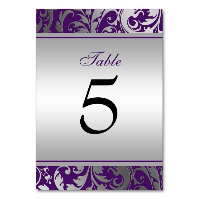 Tarjeta De Mesa Boda de muelles de Damasco morado y plateado (Anverso)