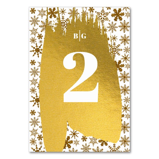 Tarjeta De Mesa Boda de Navidades festivos Golden Snowflakes (Anverso)