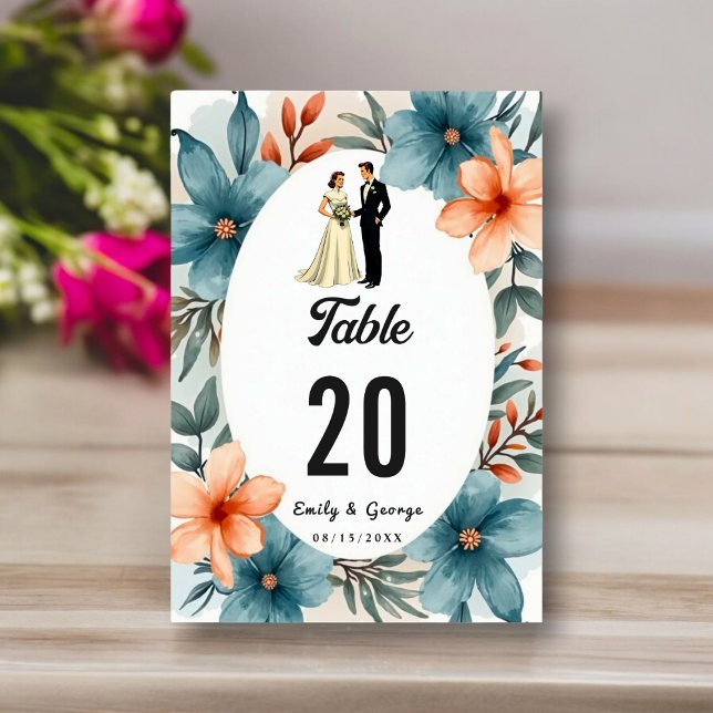 Tarjeta De Mesa Boda de novios y novia floral acuarela romántica (Subido por el creador)