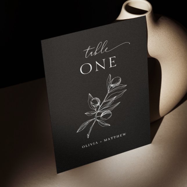 Tarjeta De Mesa Boda de oliva negra | Elegante guión italiano (Subido por el creador)