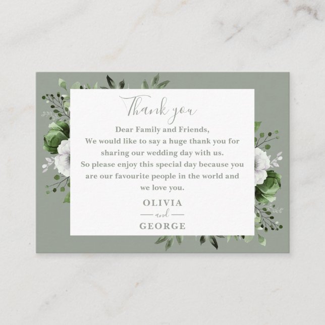 Tarjeta De Mesa Boda de Olive Green Botanical Floral Gracias (Anverso)