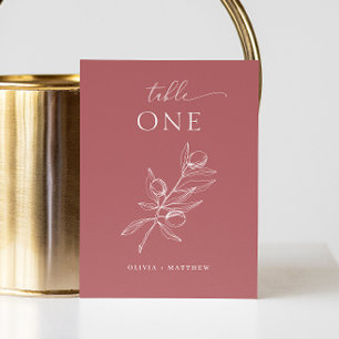 Tarjeta De Mesa Boda de olivo rojo ladrillo silenciado   Botánico 