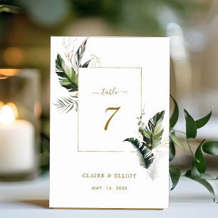 Tarjeta De Mesa Boda de oro de color de agua tropical Foliage