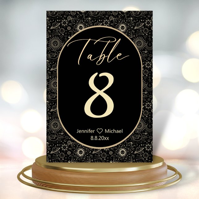 Tarjeta De Mesa boda de oro negro místico moderno y elegante (Subido por el creador)